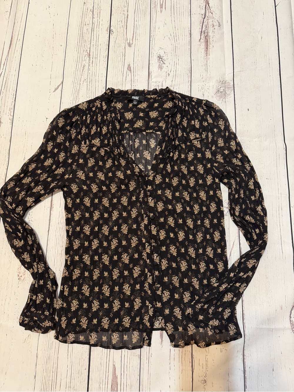 PAIGE silk Black and Beige Floral Button-Front Long-Sleeve Blouse